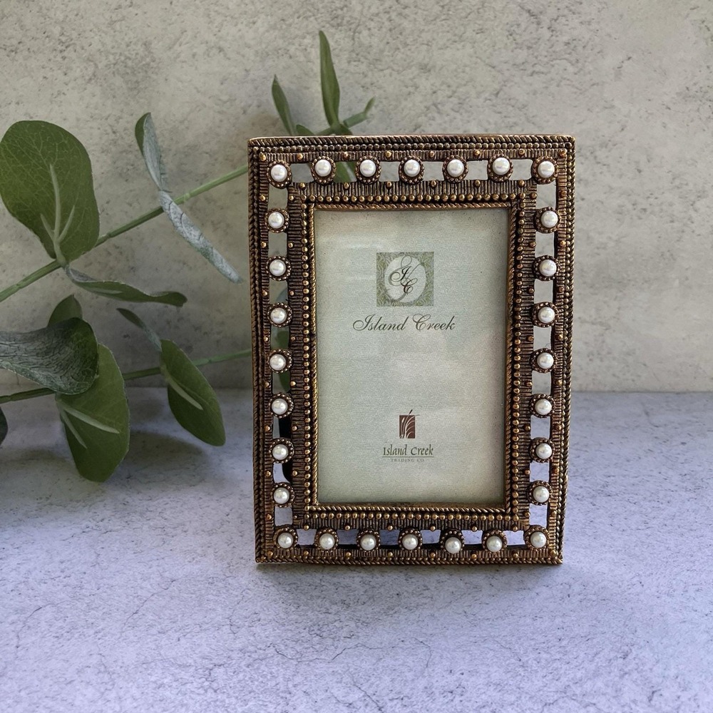 Island Creek Pearl Embellished Reticulated Gold Tone Metal Picture Frame 2x3